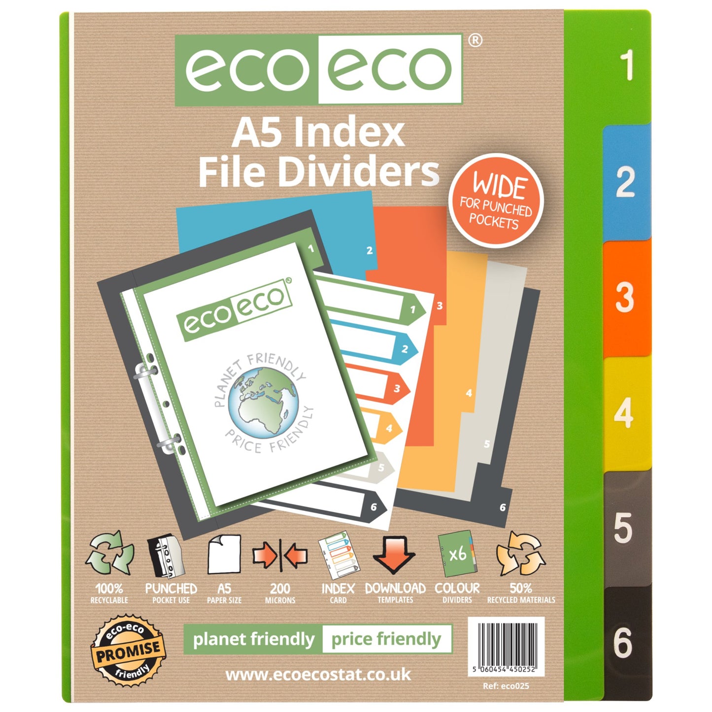 Eco Eco A5 50% Recycled Wide Index File Dividers - 1 Set of 6