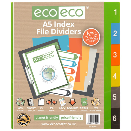 Eco Eco A5 50% Recycled Wide Index File Dividers - 1 Set of 6