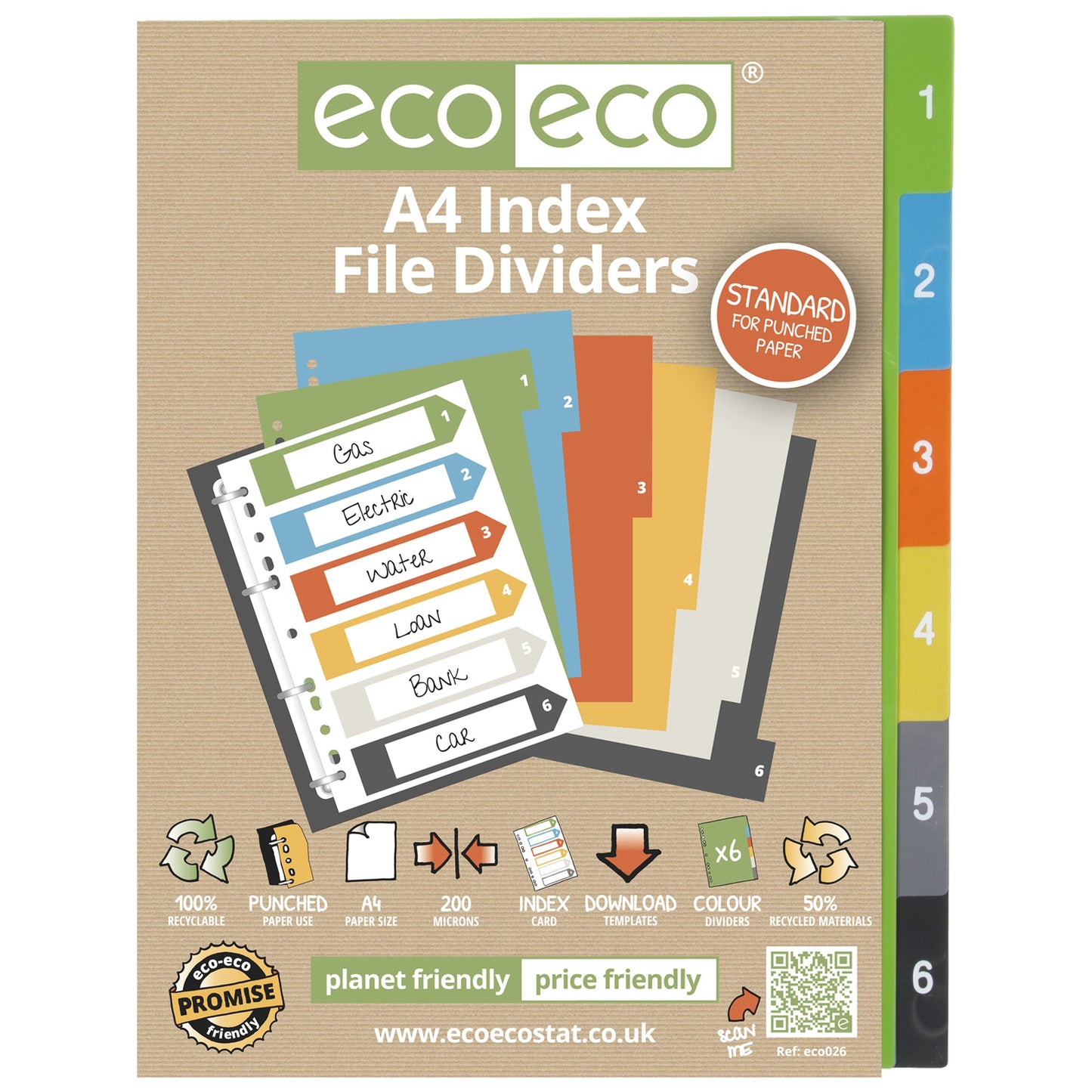 Eco Eco A4 50% Recycled Index File Dividers - 1 Set of 6