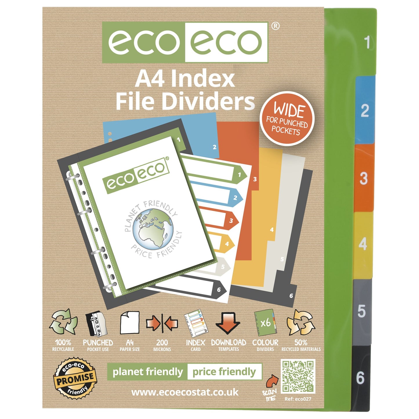 Eco Eco A4 50% Recycled Wide Index File Dividers - 1 Set of 6