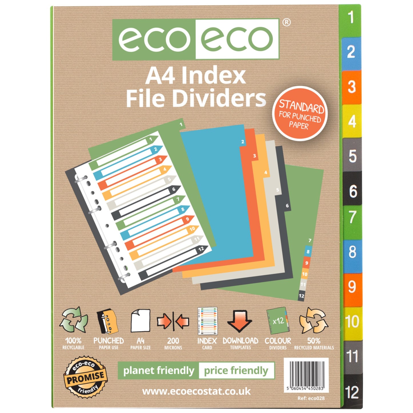 Eco Eco A4 50% Recycled Index File Dividers - 1 Set of 12