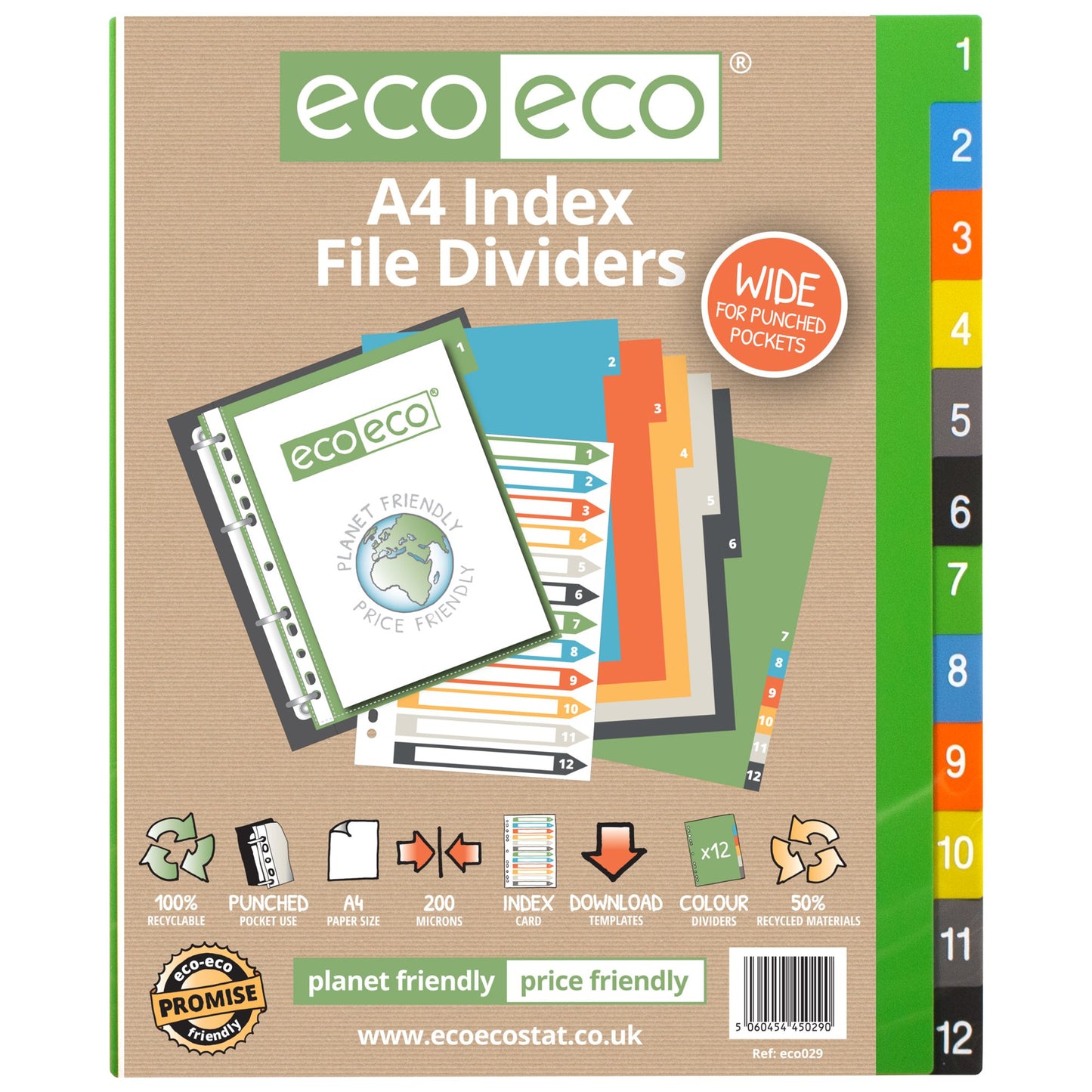 Eco Eco A4 50% Recycled Wide Index File Dividers - 1 Set of 12