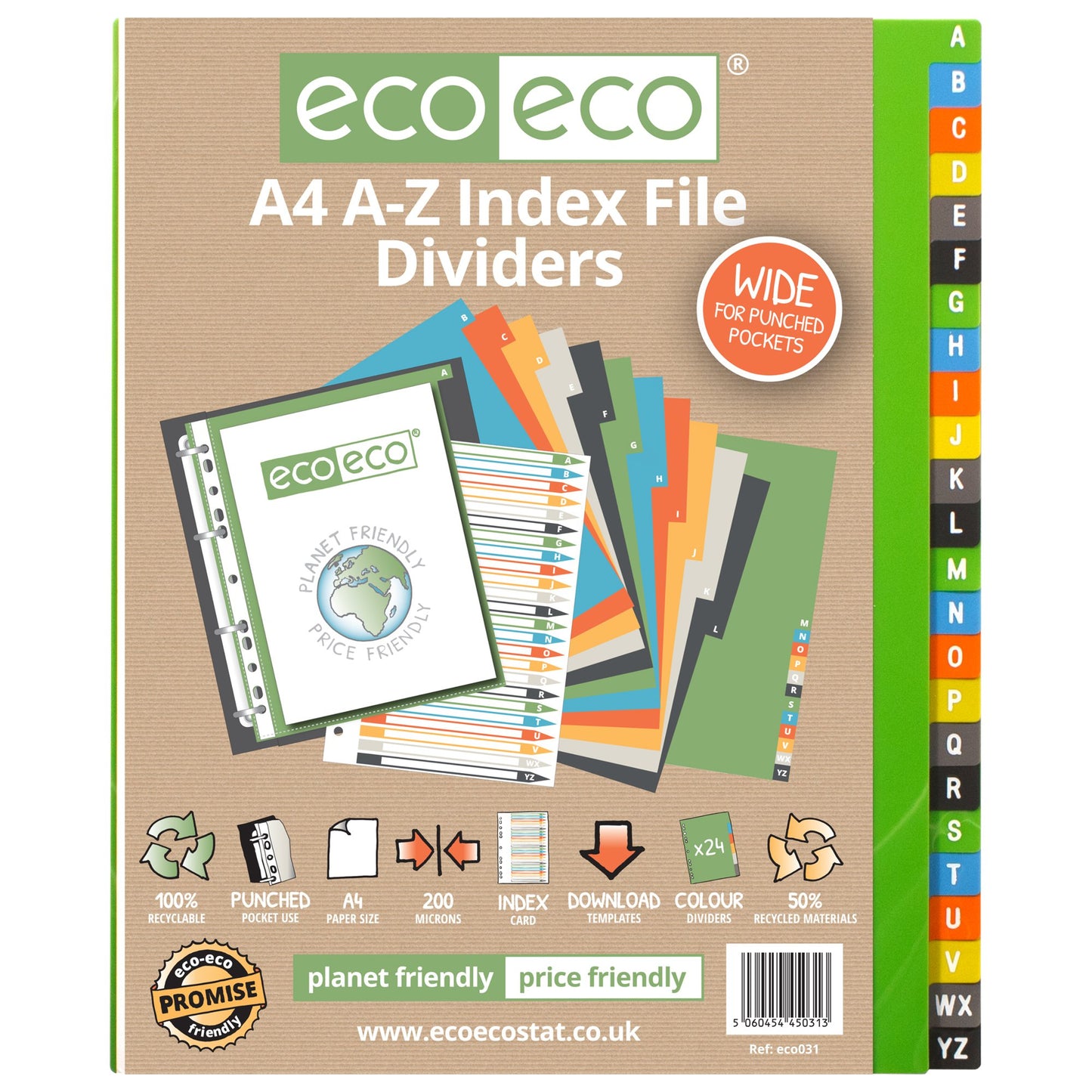 Eco Eco A4 50% Recycled A-Z Wide Index File Dividers - 1 Set of 24