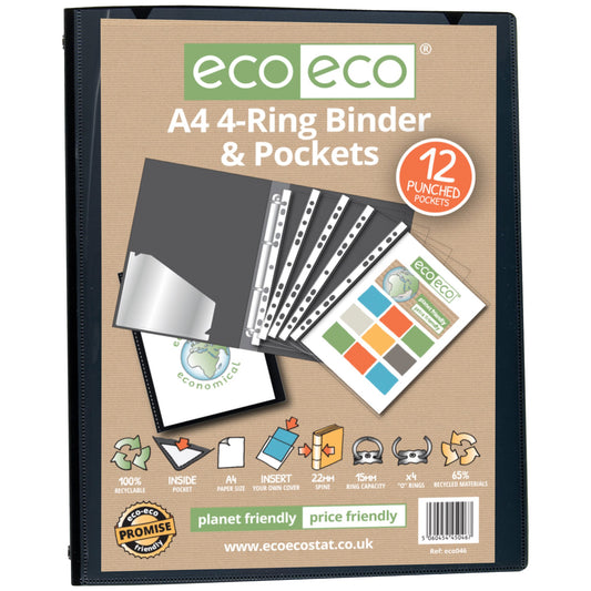 Eco Eco A4 65% Recycled Ring Binder with 12 Multi Punched Pockets - Single