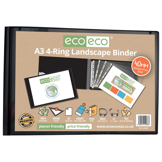 Eco Eco A3 95% Recycled Presentation 4 Ring Landscape Binder - Single