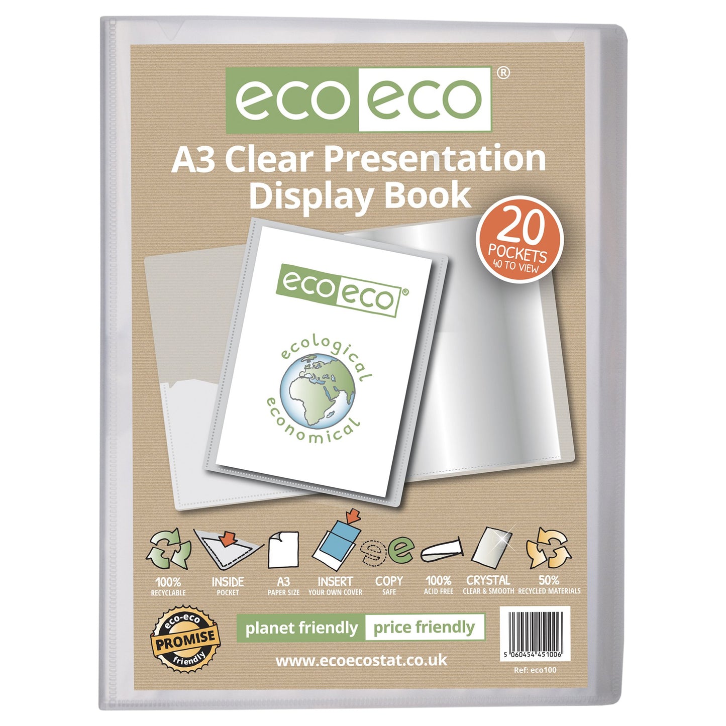 A3 50% Recycled Presentation Display Book with 20 Clear Pockets - Single