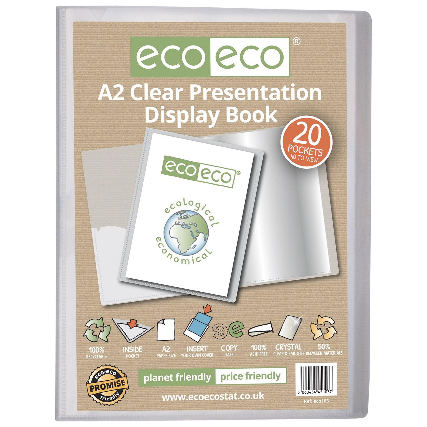 A2 50% Recycled Presentation Display Book with 20 Clear Pockets - Single