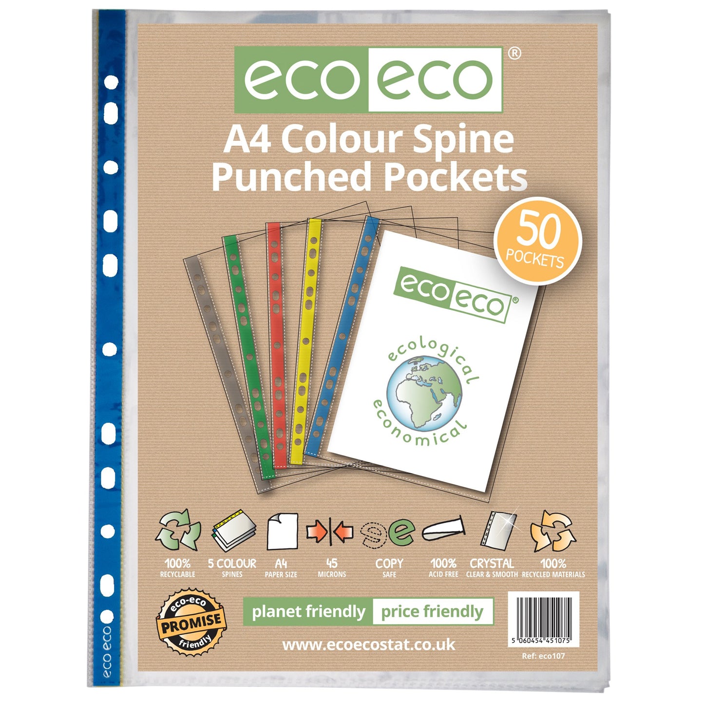 A4 100% Recycled Colour Spine Multi Punched Pockets - Pack of 50