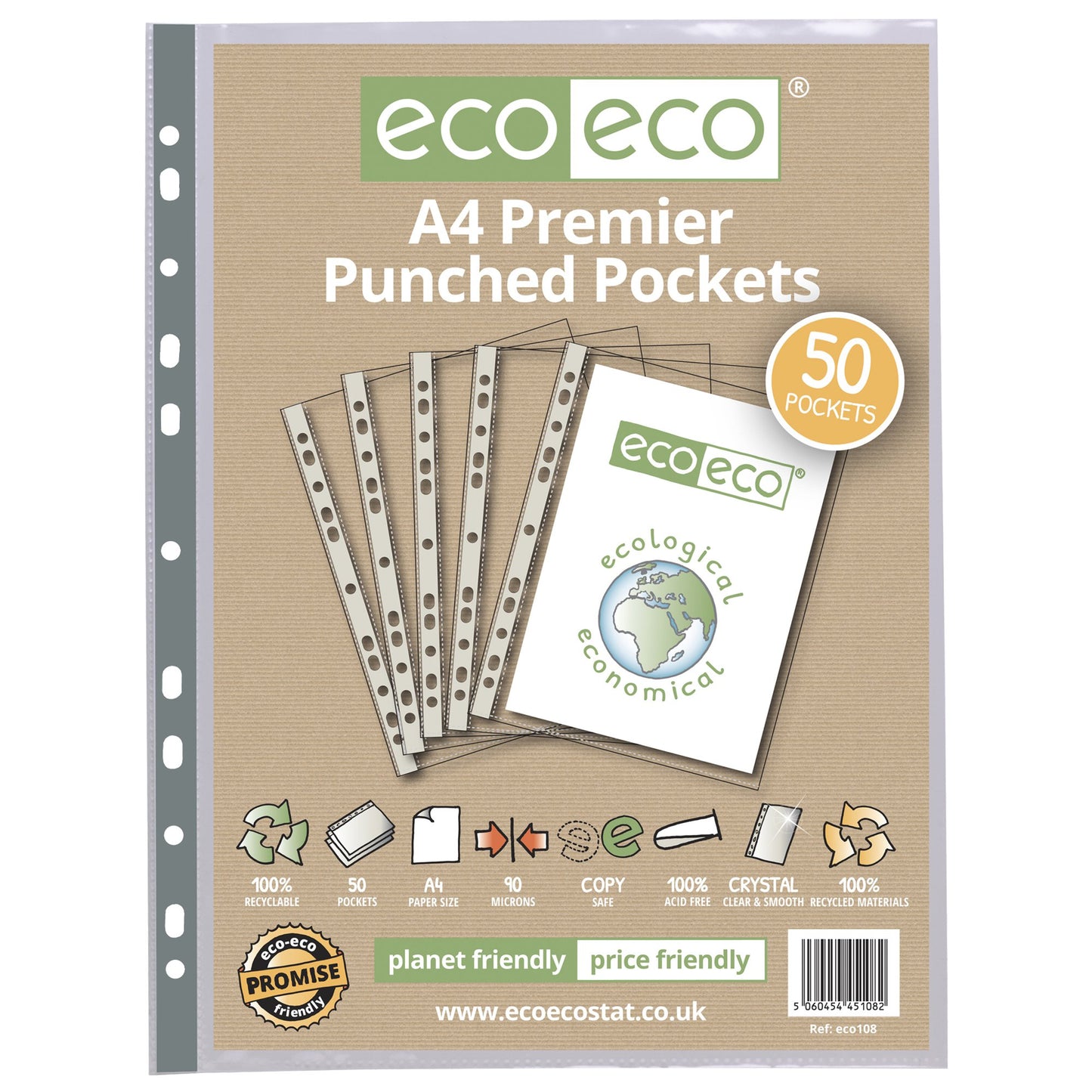 A4 100% Recycled Premier Multi Punched Pockets - Pack of 50