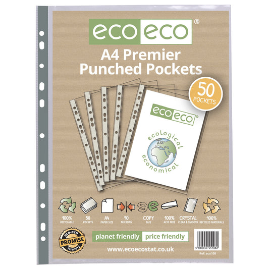 A4 100% Recycled Premier Multi Punched Pockets - Pack of 50