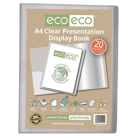 A4 50% Recycled Presentation Display Book with 20 Clear Pockets - Single