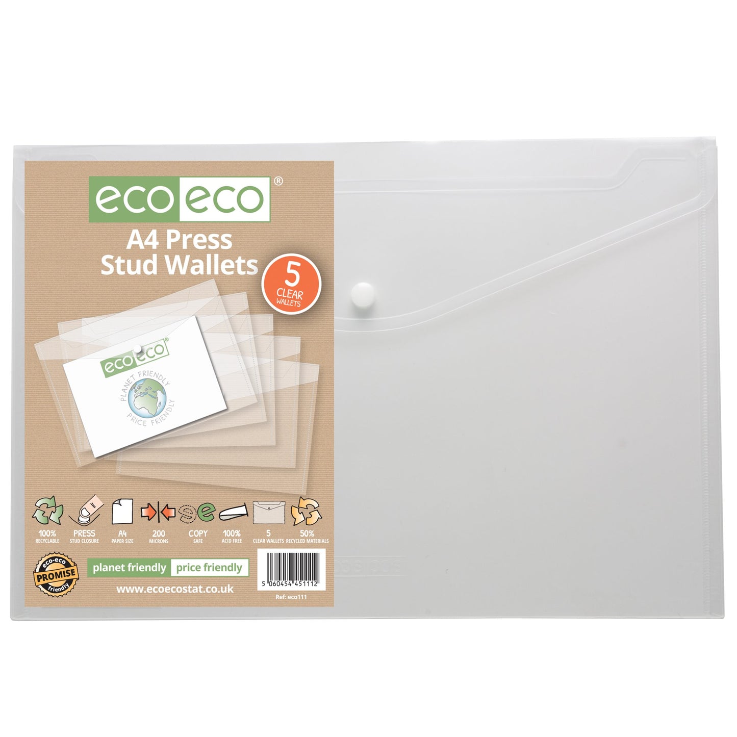 A4 50% Recycled Clear Press Stud Wallets - Pack of 5