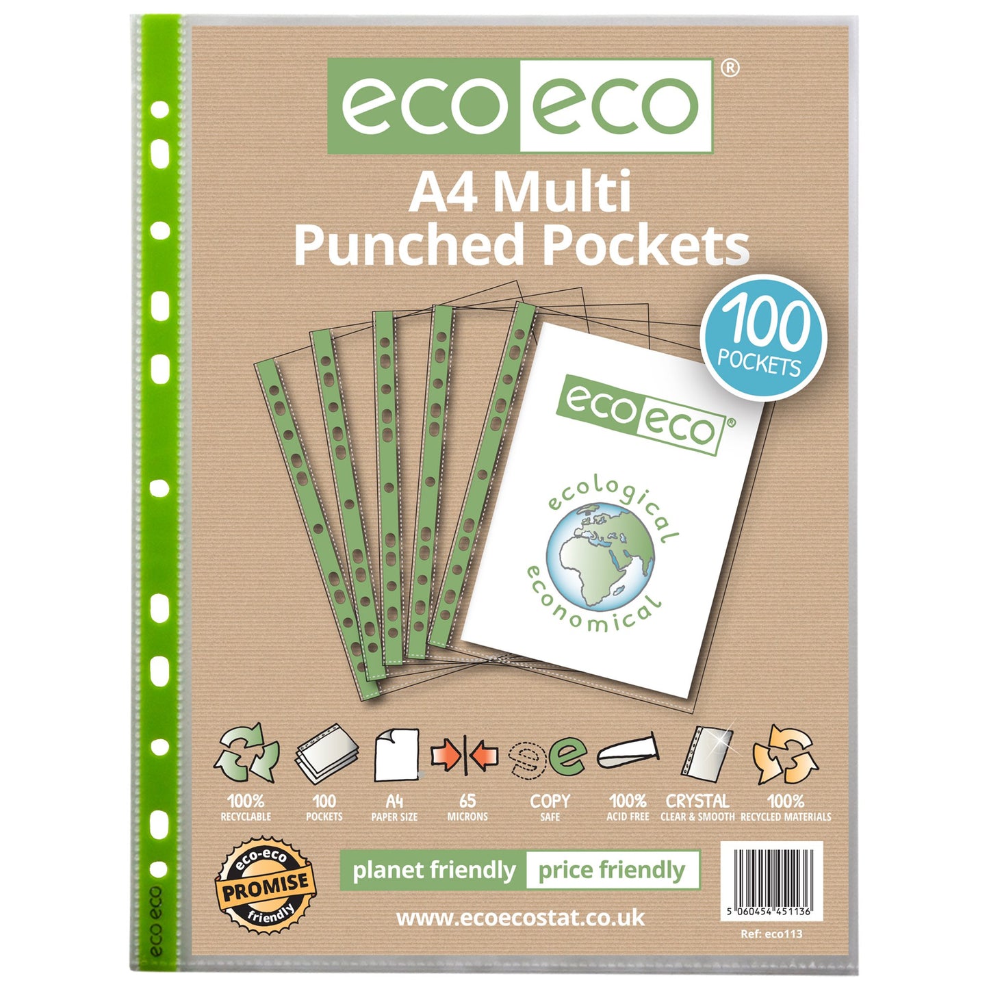 A4 100% Recycled 65 Micron Multi Punched Pockets - Pack of 100