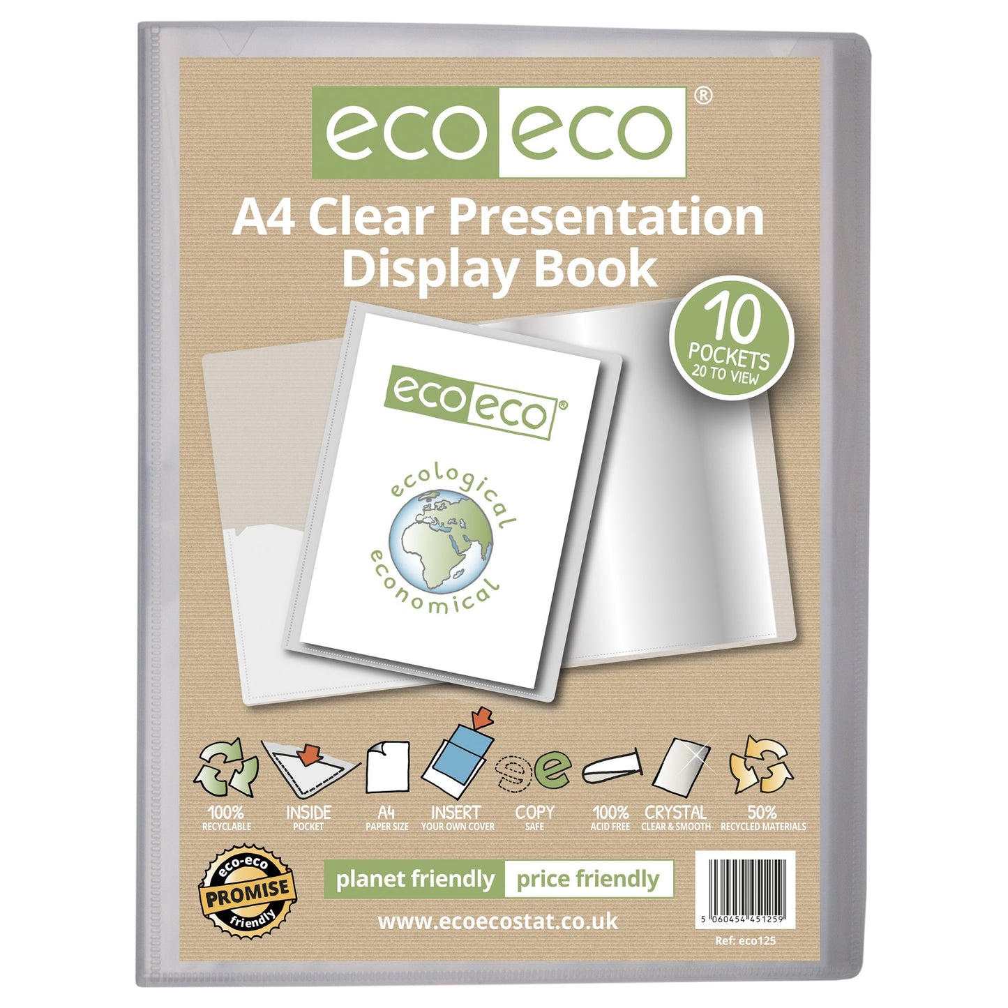 A4 50% Recycled Presentation Display Book with 10 Clear Pockets - Single