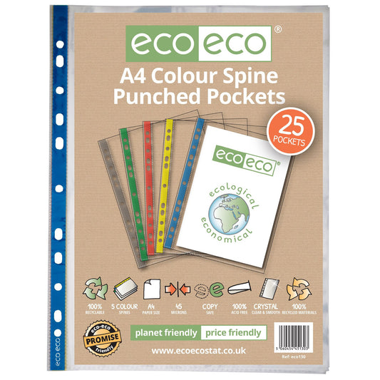 A4 100% Recycled Colour Spine Multi Punched Pockets - Pack of 25