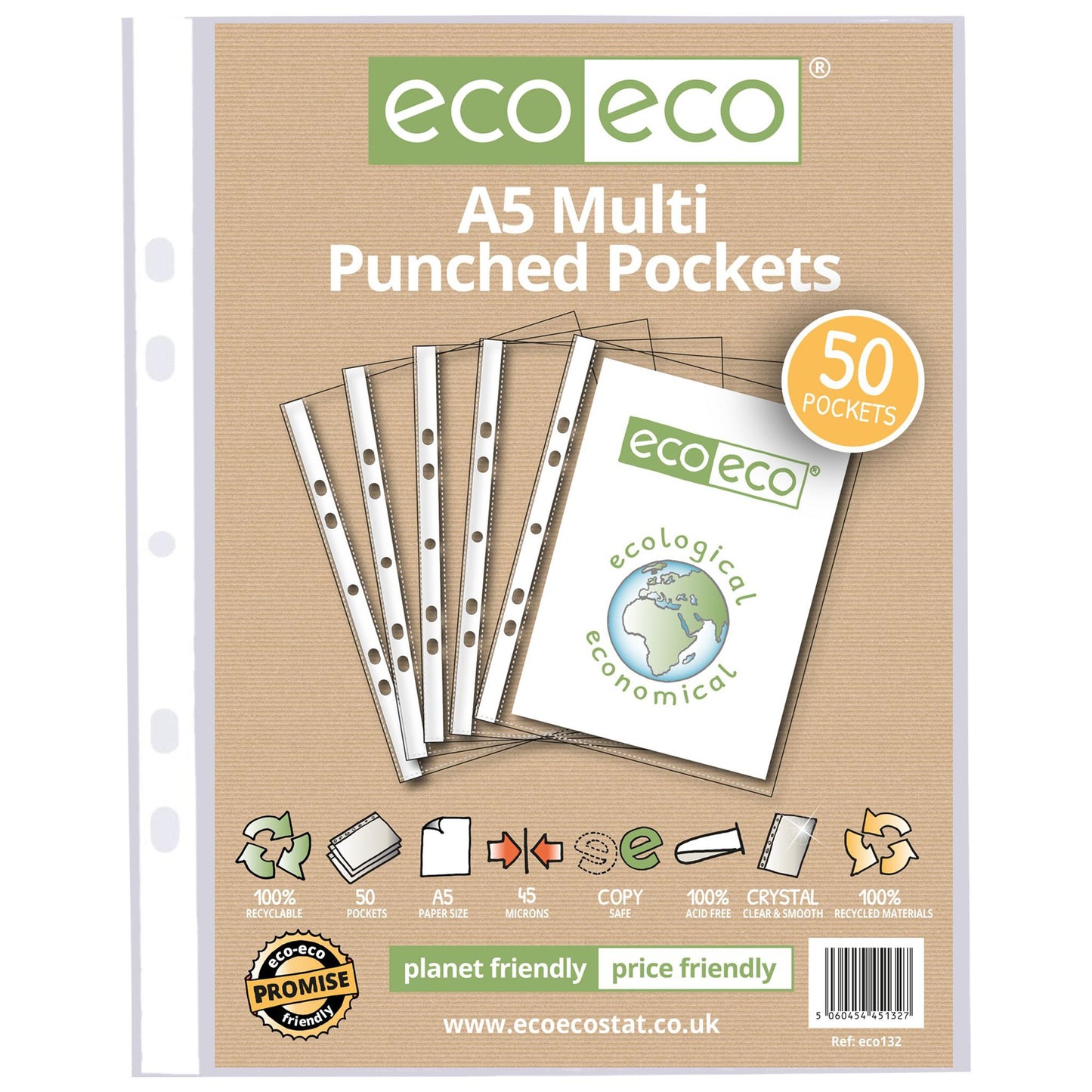 A5 100% Recycled Multi Punched Pockets - Pack of 50