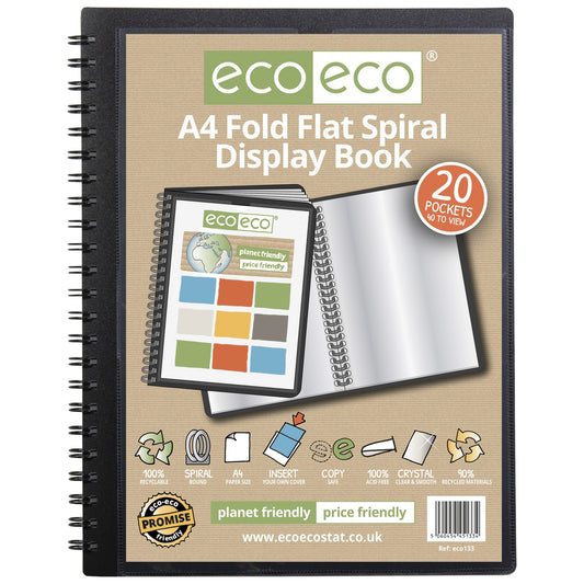 A4 50% Recycled Fold Flat Spiral Display Book with 20 pockets - Single