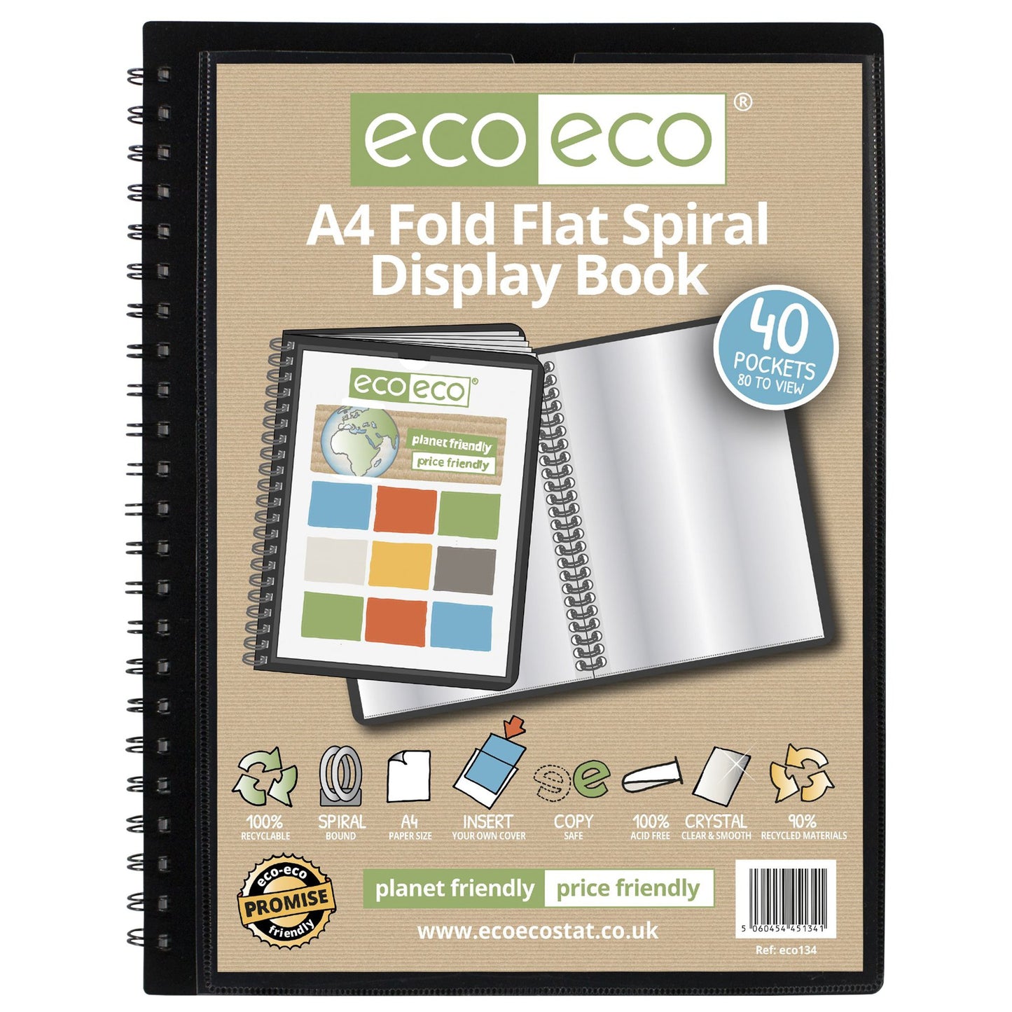 A4 50% Recycled Fold Flat Spiral Display Book with 40 Pockets - Single