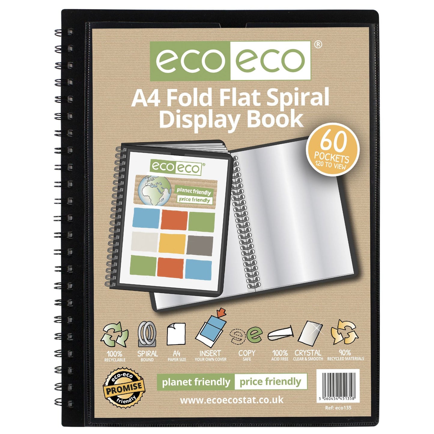 A4 50% Recycled Fold Flat Spiral Display Book with 60 Pockets - Single