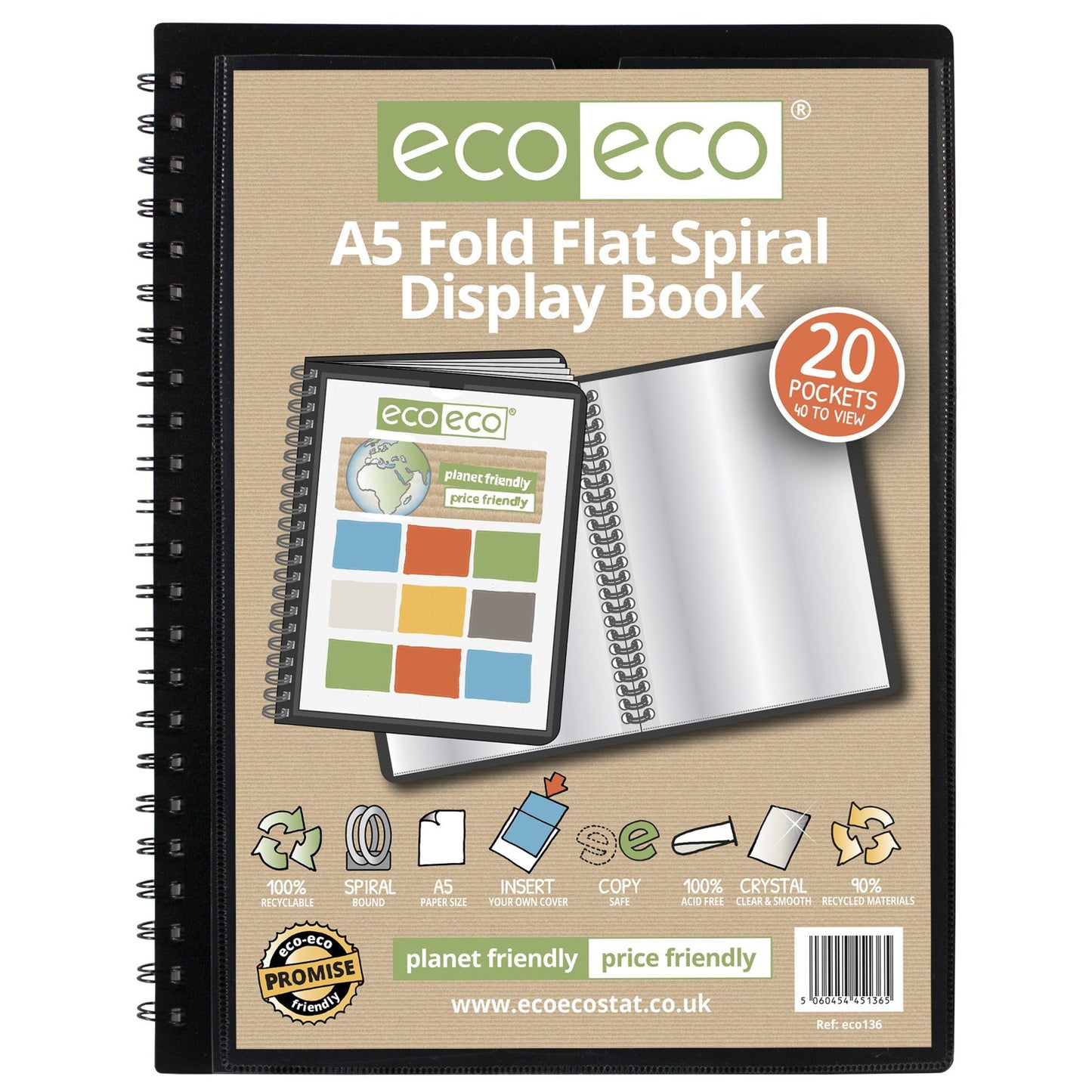 A5 50% Recycled Fold Flat Spiral Display Book with 20 pockets - Single