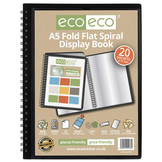 A5 50% Recycled Fold Flat Spiral Display Book with 20 pockets - Single