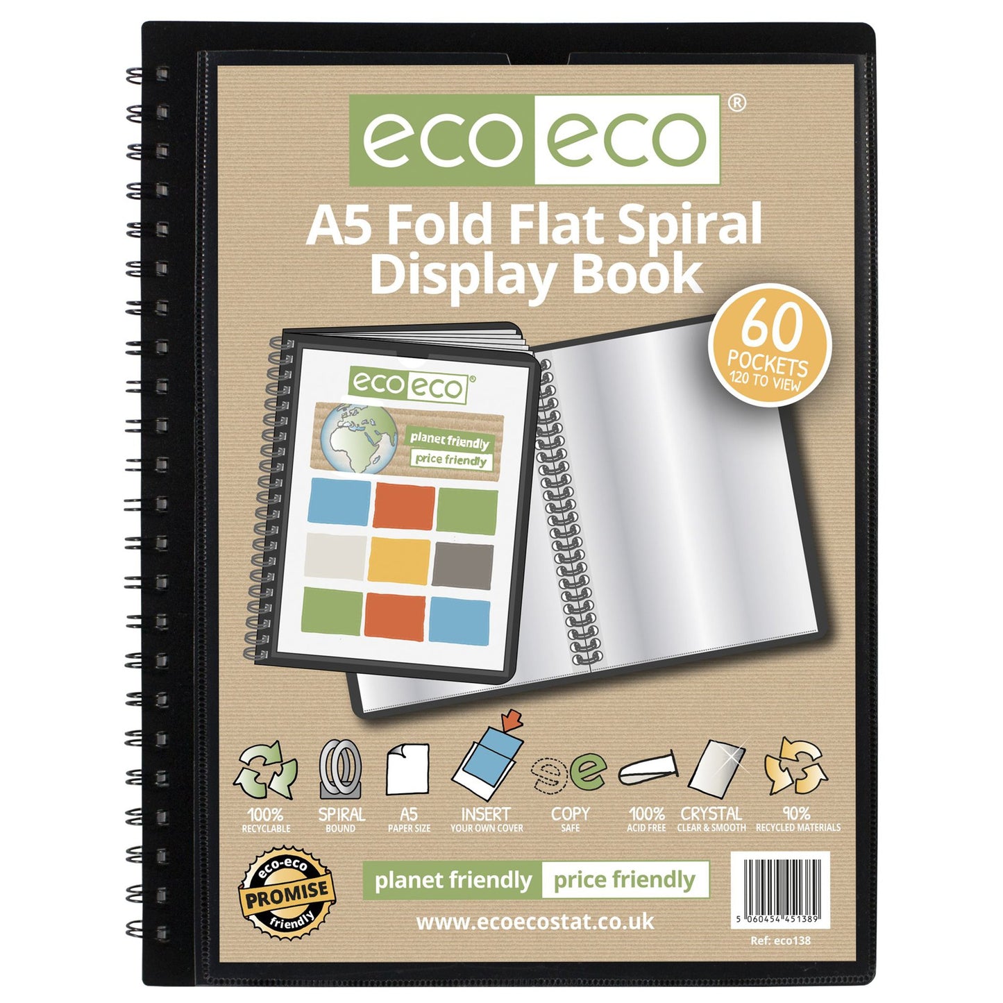 A5 50% Recycled Fold Flat Spiral Display Book with 60 Pockets - Single