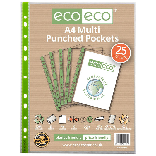 A4 100% Recycled 65 Micron Multi Punched Pockets - Pack of 25