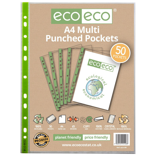 A4 100% Recycled 65 Micron Multi Punched Pockets - Pack of 50