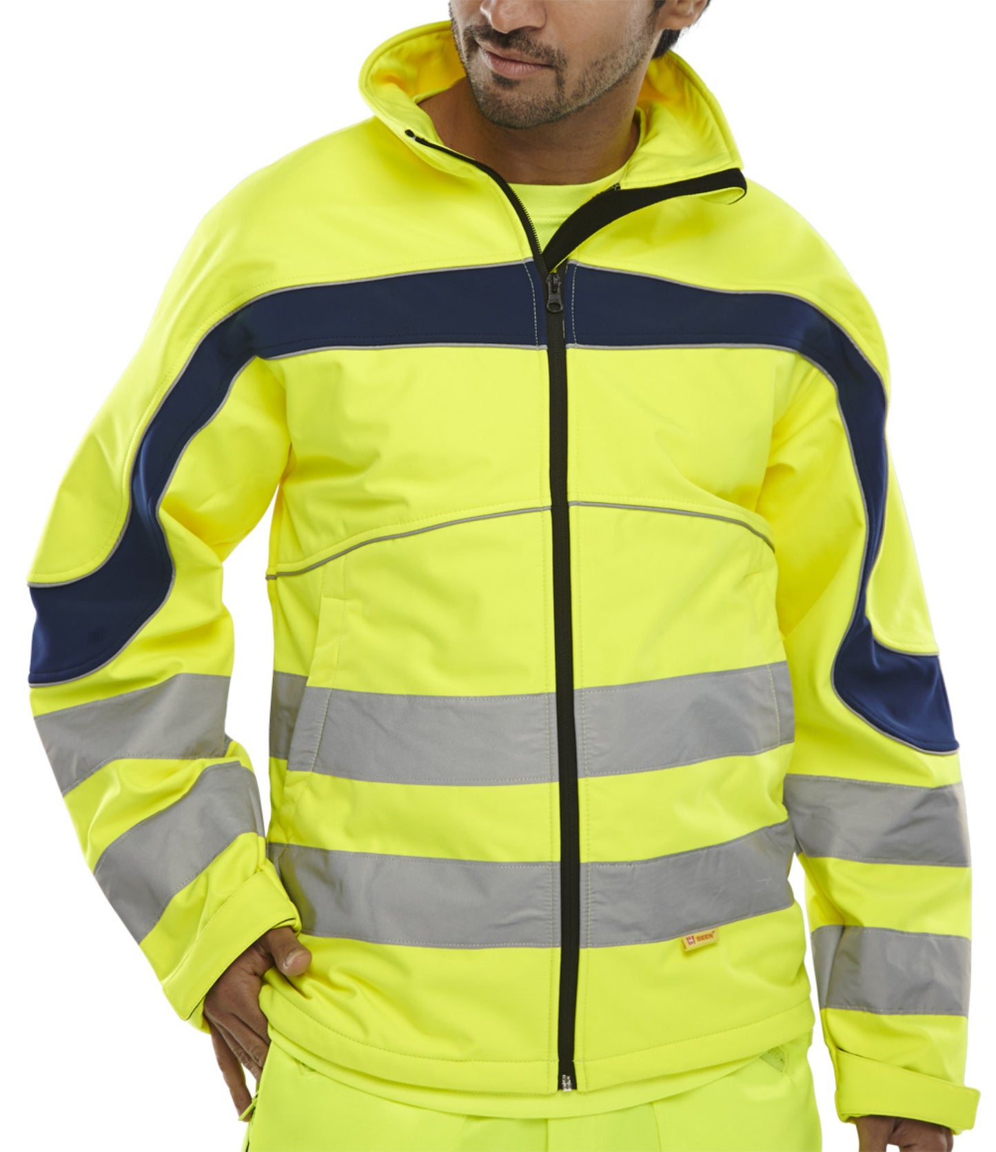 Beeswift Eton Hi-Viz Soft Shell Jacket Saturn Yellow / Navy 3XL